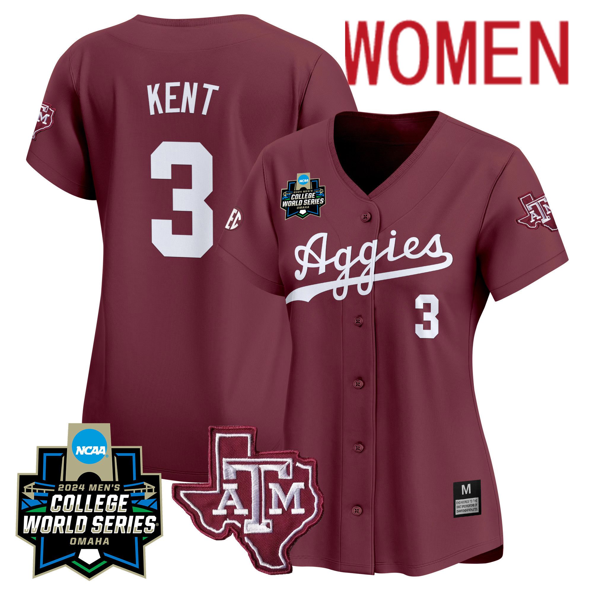 Women Texas A&M Aggies #3 Kent Red 2024 College World Series Vapor Premier Limited NCAA Jersey->women nfl jersey->Women Jersey